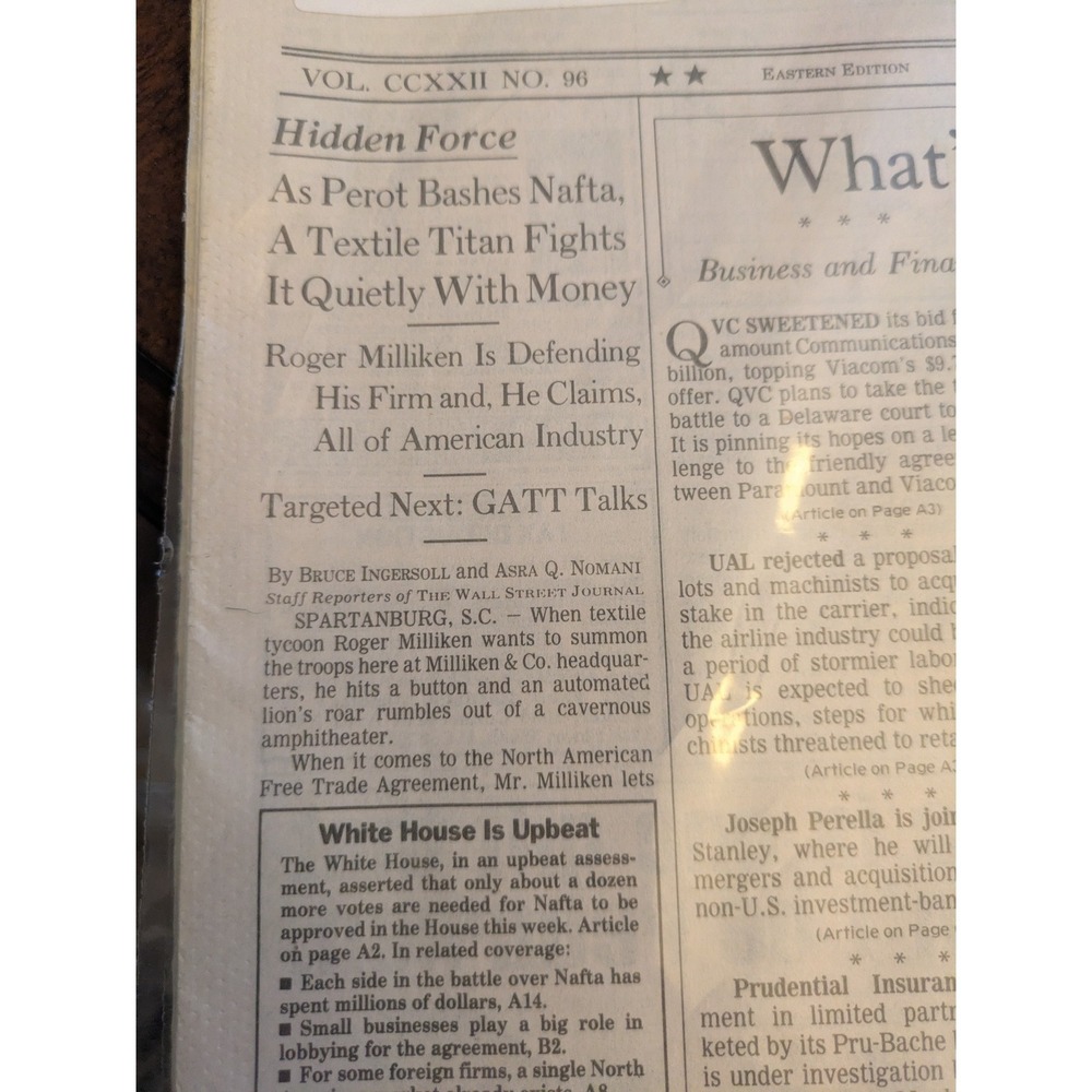 The Wall Street Journal Nov 15 1993 Original Newspaper COA NAFTA History - Picture 5 of 6